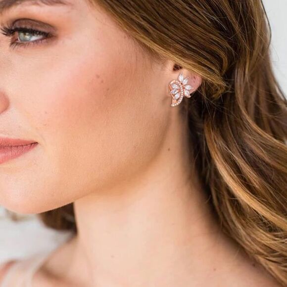 Rose Gold with White Diamond Cubic Zirconia French Clip Post Flower Earrings - Picture 5 of 6